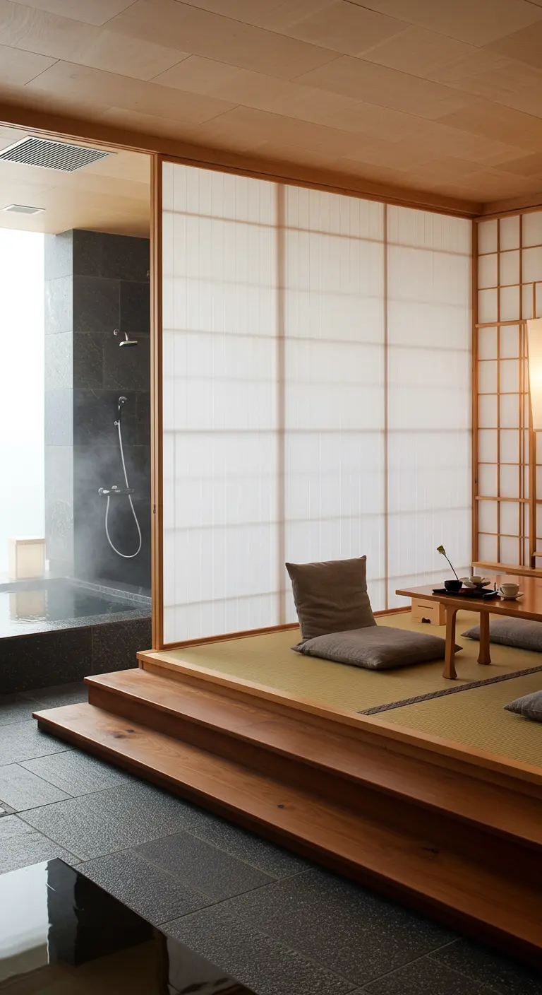 Zona de descanso con tatamis y cojines junto a una zona de baño de piedra oscura.