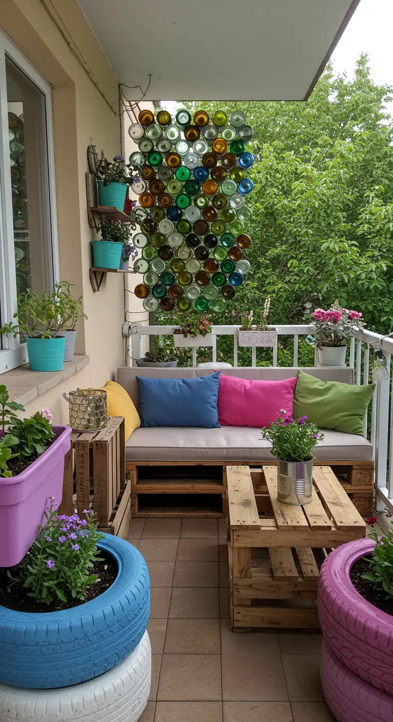 Balcón decorado con muebles de palets, maceteros de neumáticos pintados y una pared de botellas.