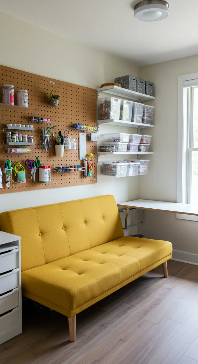 Futón amarillo mostaza en un cuarto de manualidades con un gran panel perforado en la pared.