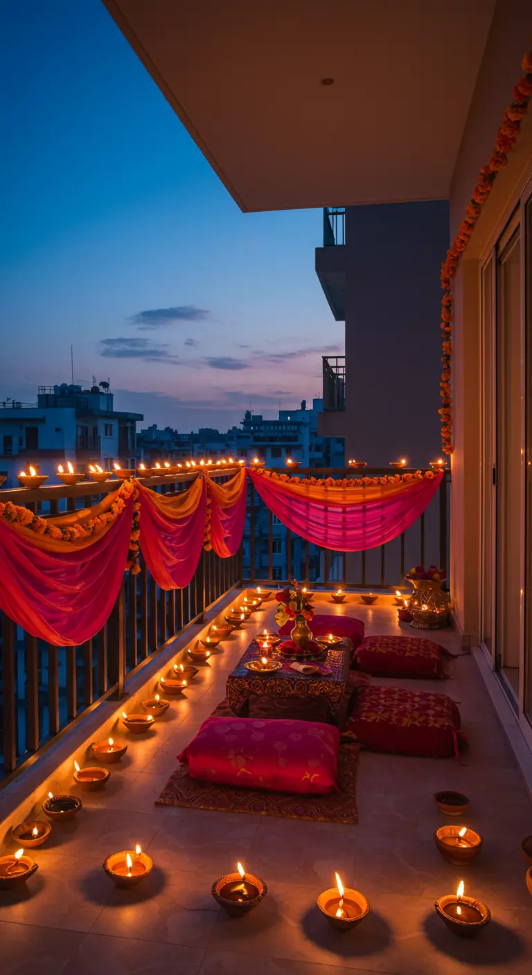 Balcón al atardecer decorado con telas fucsias y docenas de velas encendidas.