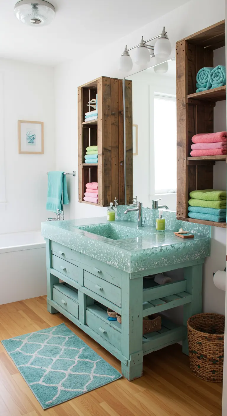 Tocador de baño hecho con una cómoda pintada de turquesa y encimera de vidrio reciclado.