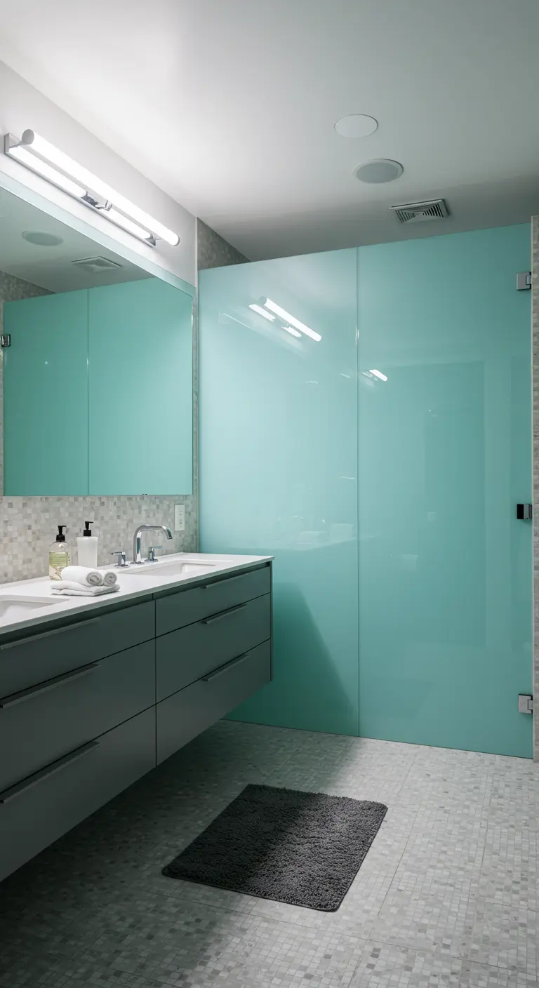 Baño con una gran mampara de ducha de cristal translúcido en tono verde agua