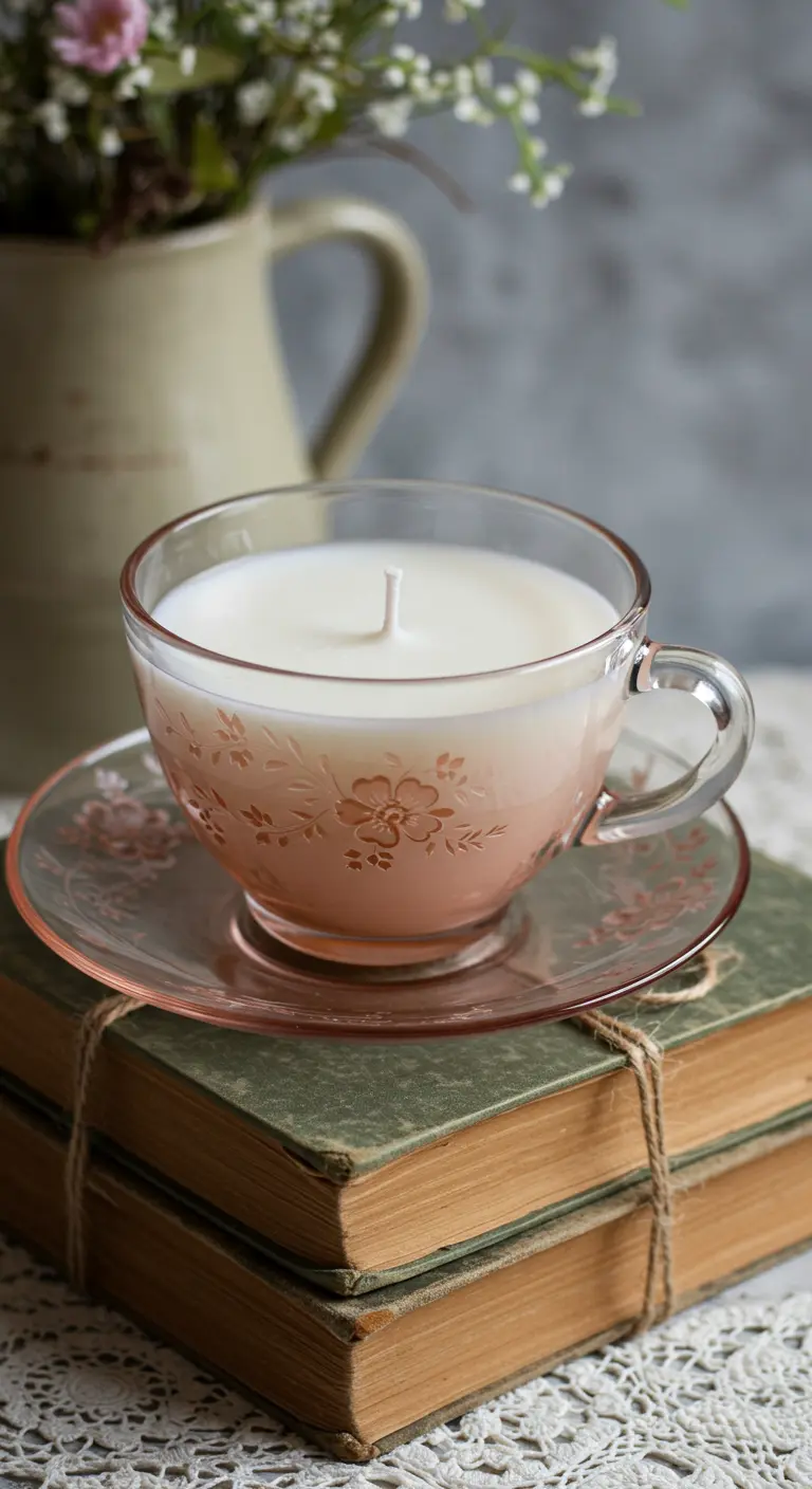 Vela blanca en una taza de té de cristal rosa con motivos florales