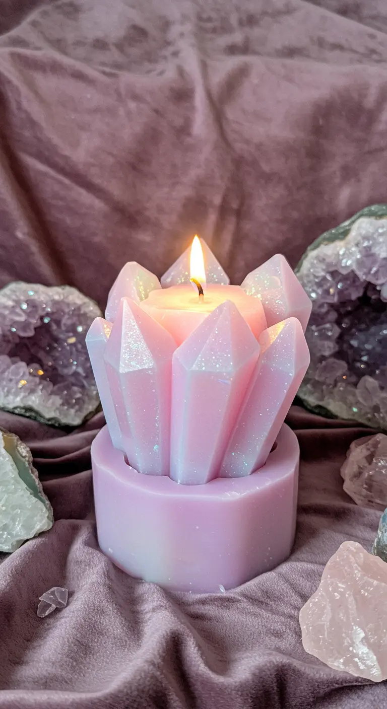 Vela encendida con forma de cristales de cuarzo rosa brillante, saliendo de su molde.