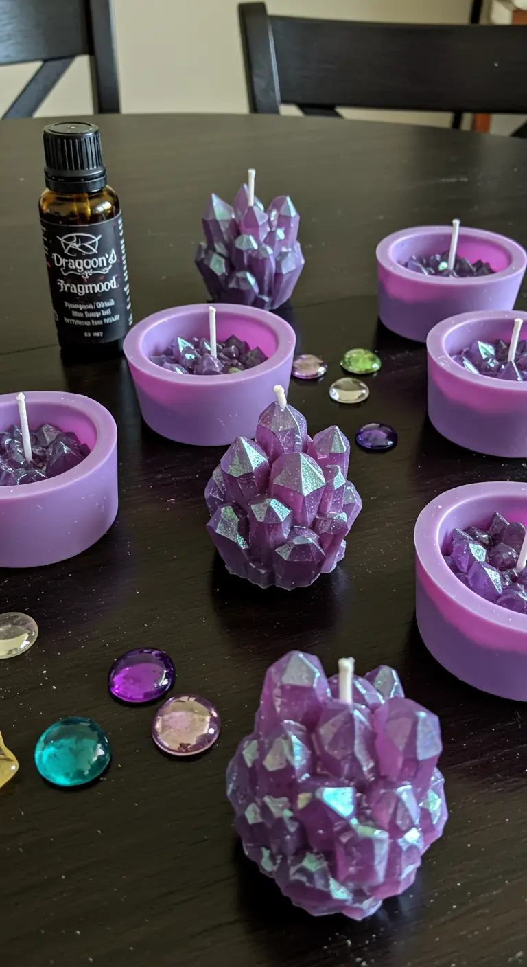 Velas caseras de color morado con forma de cristales de amatista, con un brillo iridiscente