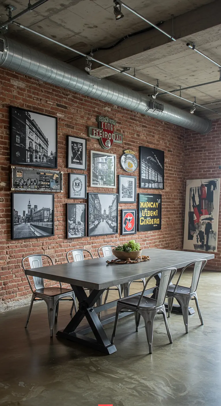 Pared de galería de estilo industrial con fotos en blanco y negro y letreros vintage en pared de ladrillo