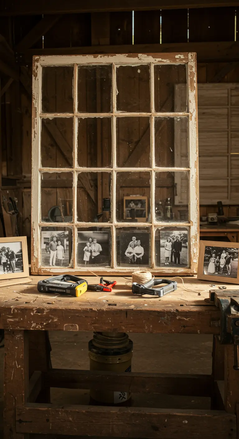 Ventana vieja con pintura blanca desconchada usada como marco para fotos familiares en blanco y negro.