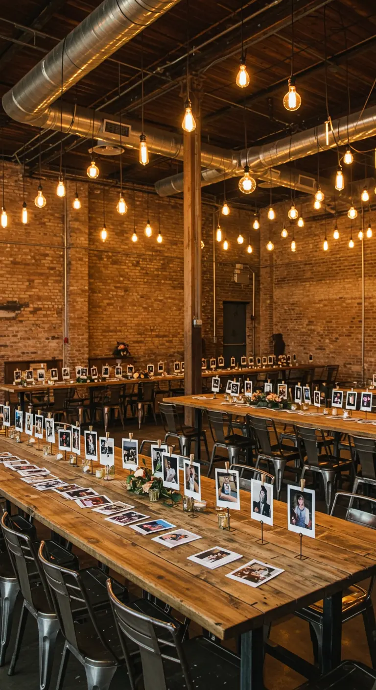 Mesas de madera en un loft industrial con bombillas Edison colgantes y fotos polaroid en soportes.