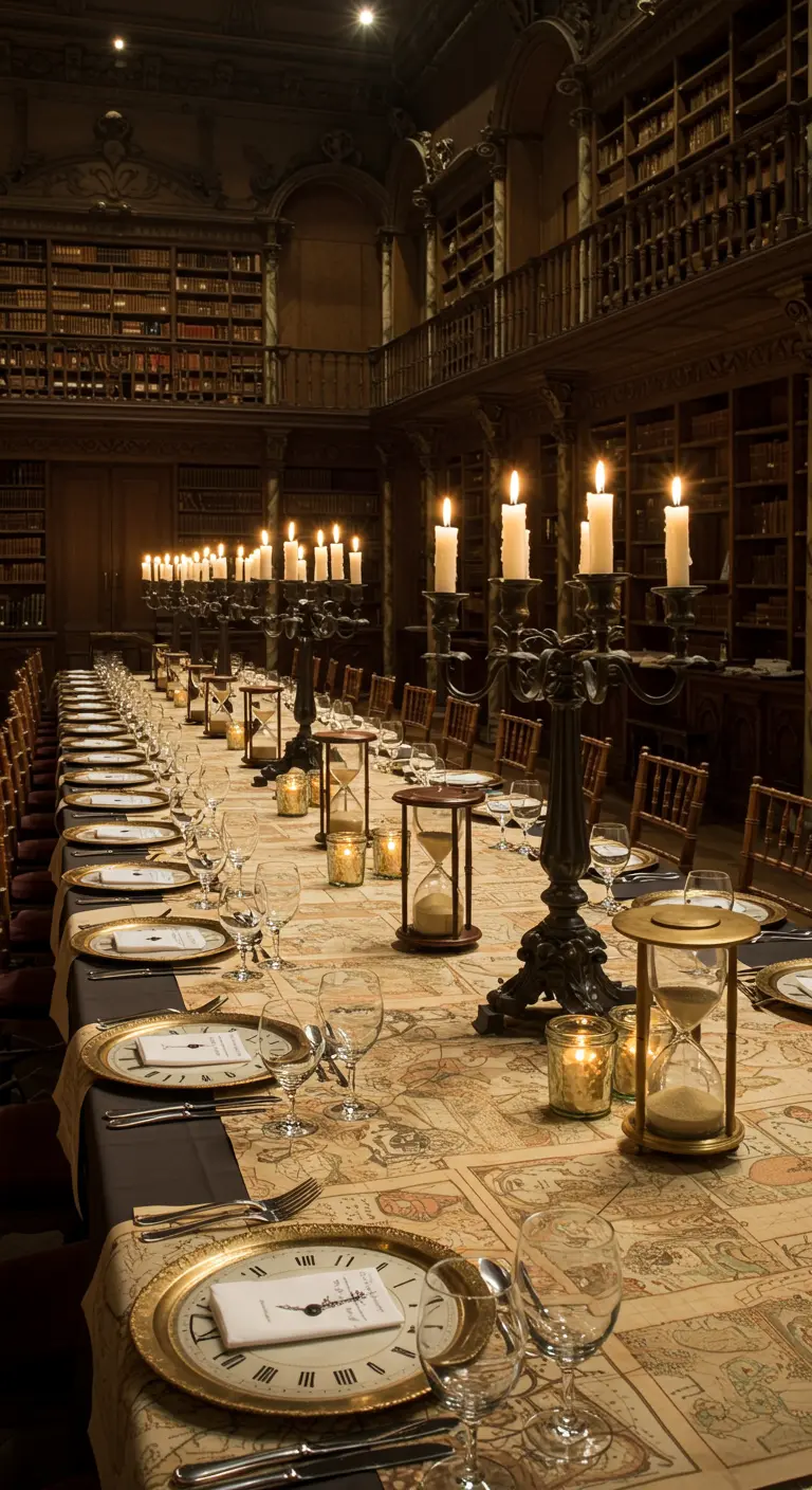 Larga mesa de banquete en una biblioteca con candelabros, relojes de arena y mantel de mapa.