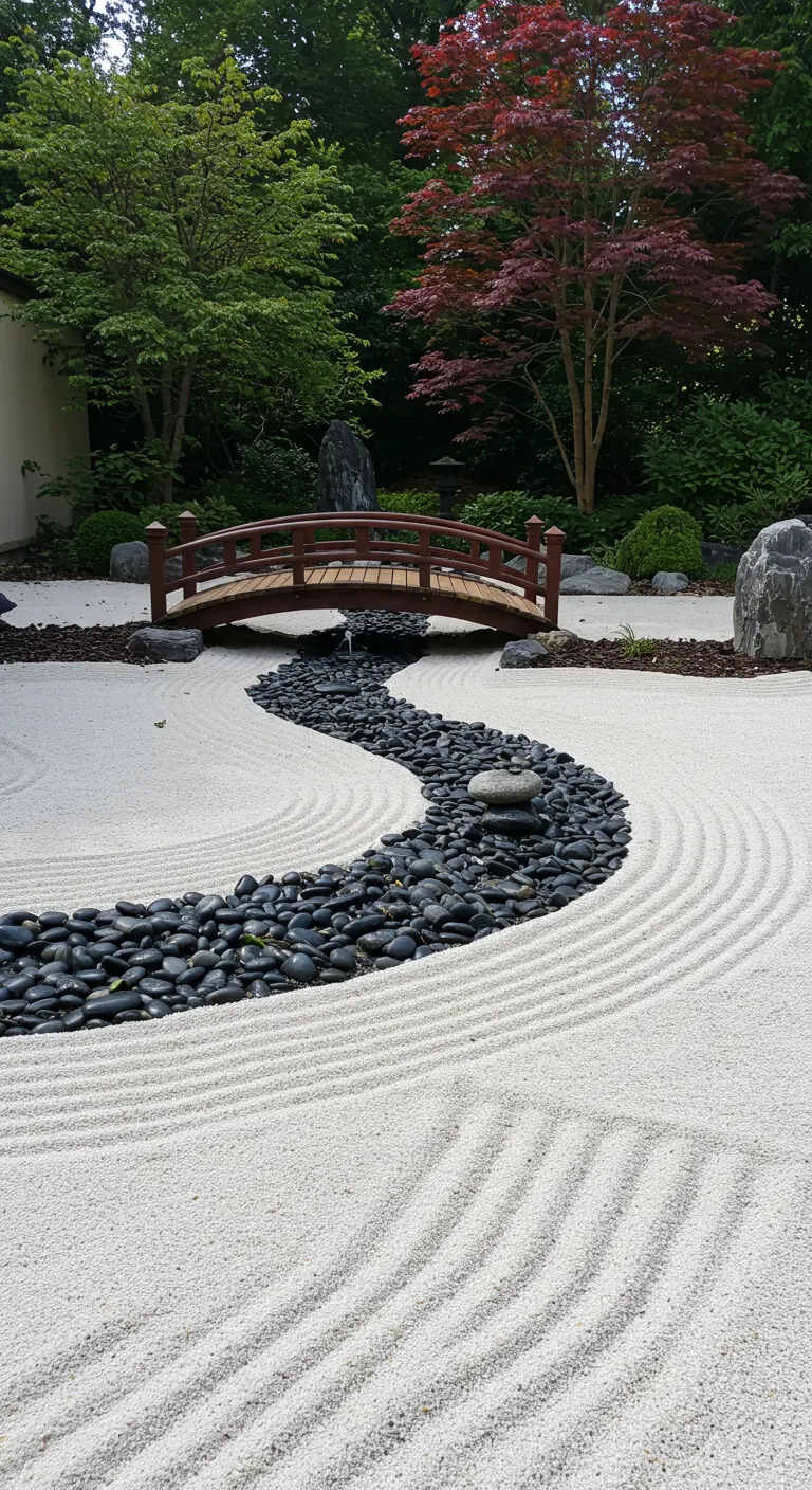 Jardín de arena blanca con un río de piedras negras y un pequeño puente de madera arqueado.