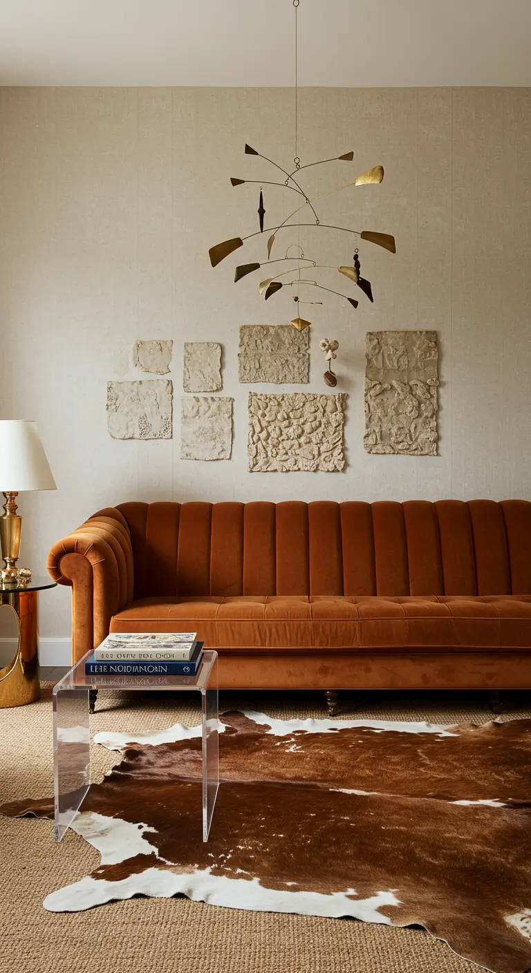 Salón con sofá de terciopelo naranja, alfombra de piel de vaca y un móvil colgante dorado.