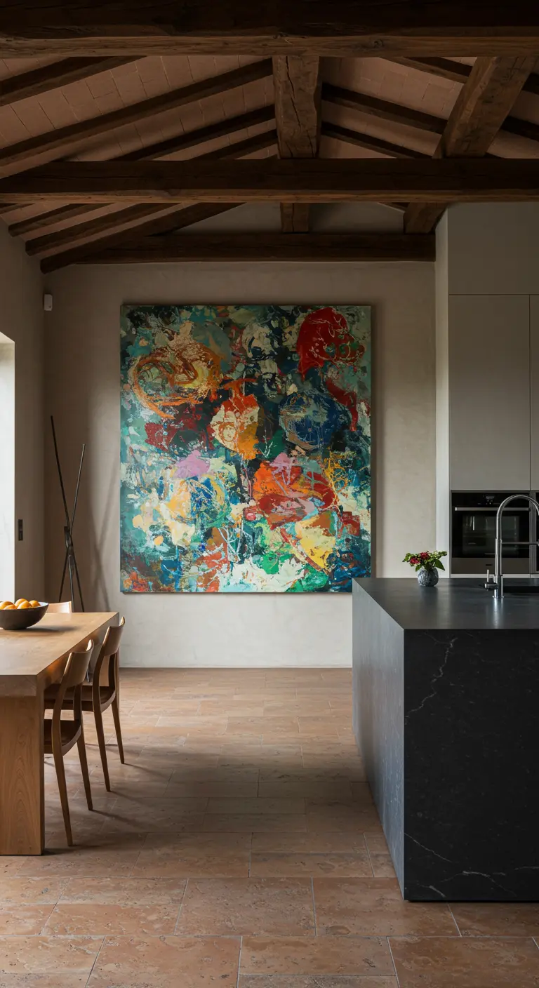 Cocina rústica-moderna con una gran obra de arte abstracto y colorido en la pared.