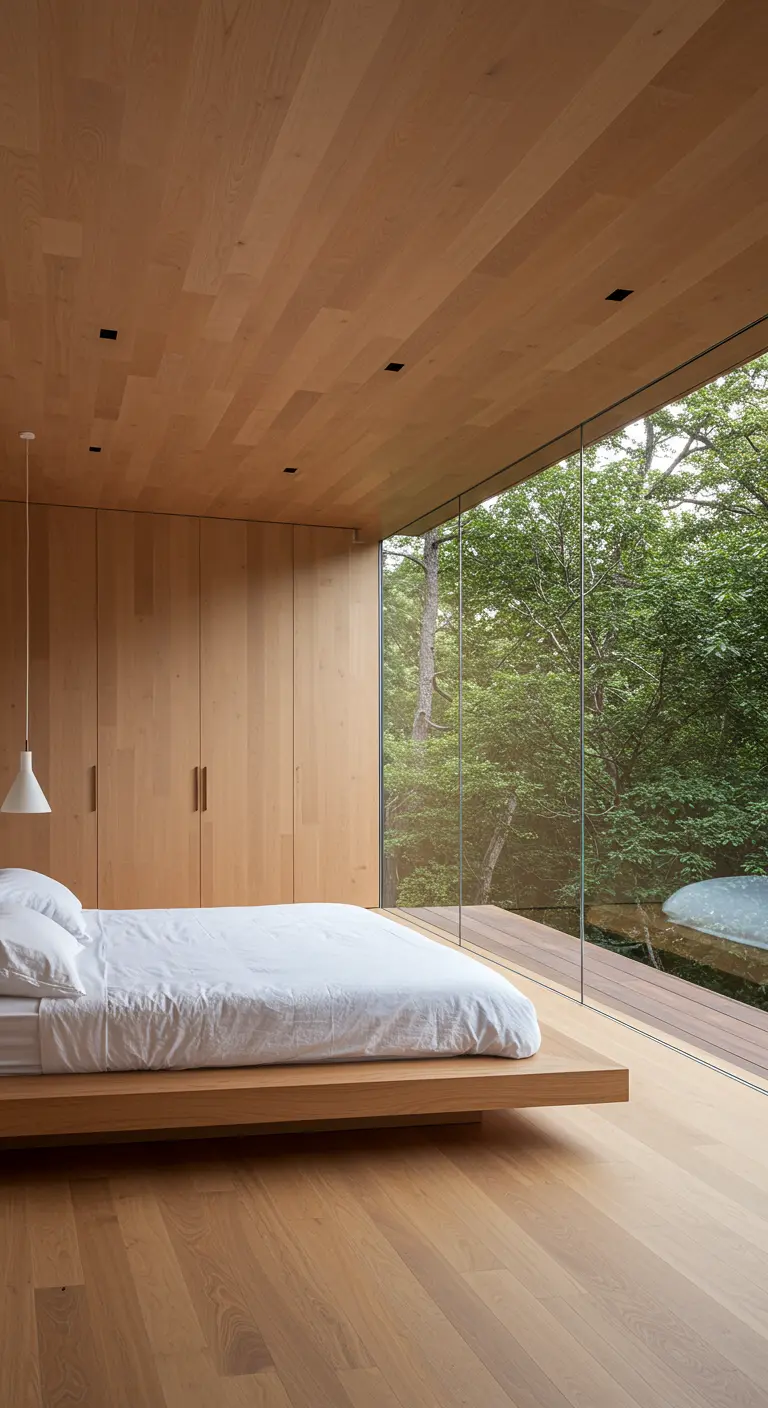 Dormitorio minimalista con una pared completa de cristal que da a un frondoso bosque verde.