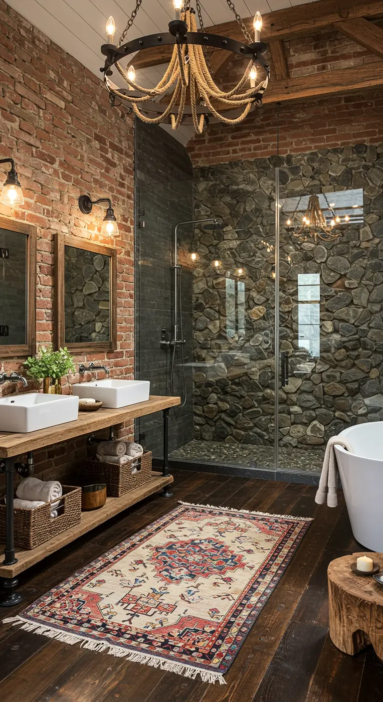 Baño rústico industrial con pared de ladrillo, ducha de piedra y una lámpara de araña con cuerdas.