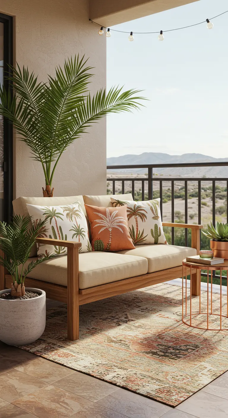 Balcón de estilo desértico-tropical con sofá de madera y cojines en tonos tierra