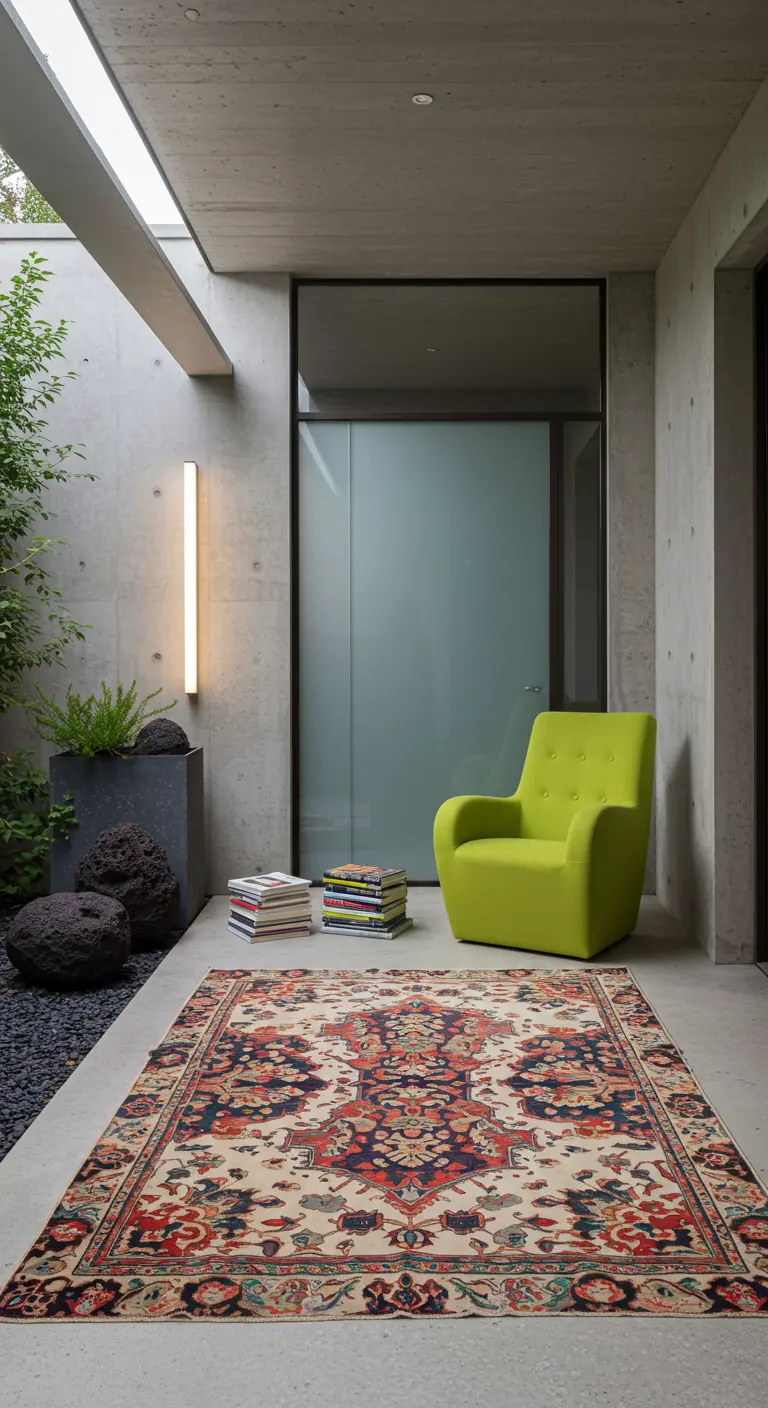 Patio minimalista de hormigón con una alfombra persa y un sillón verde lima
