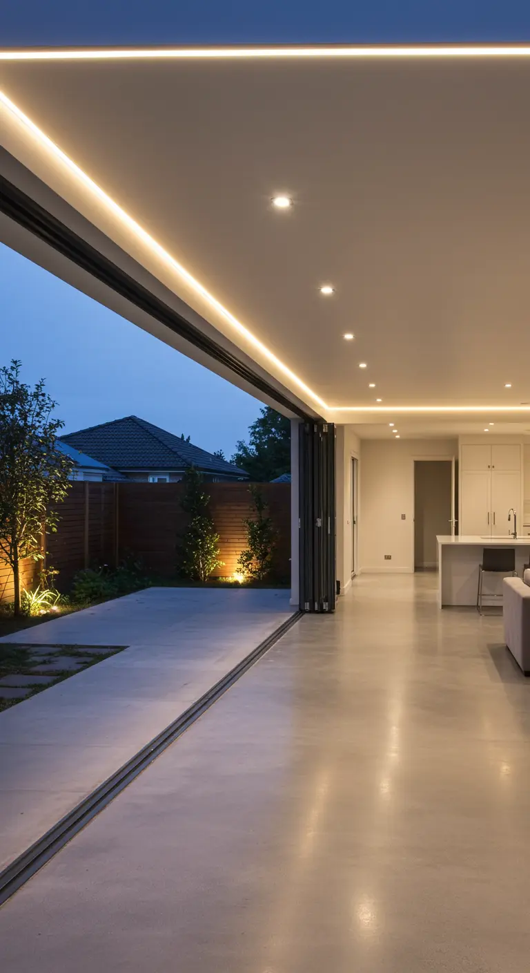Transición fluida entre sala de estar y patio gracias a puertas plegables y una línea de luz LED continua.