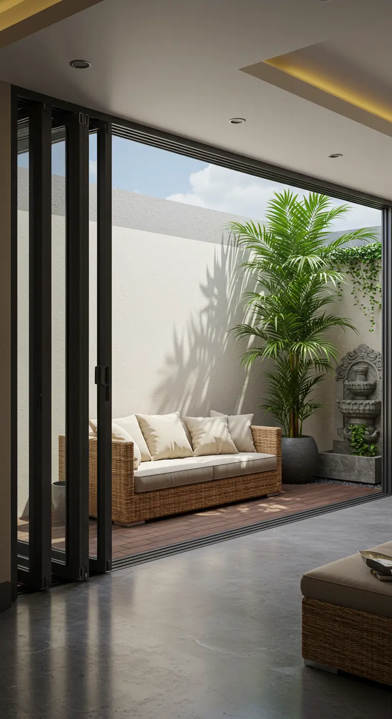 Transición de interior a exterior con un sofá de mimbre y una gran palmera.