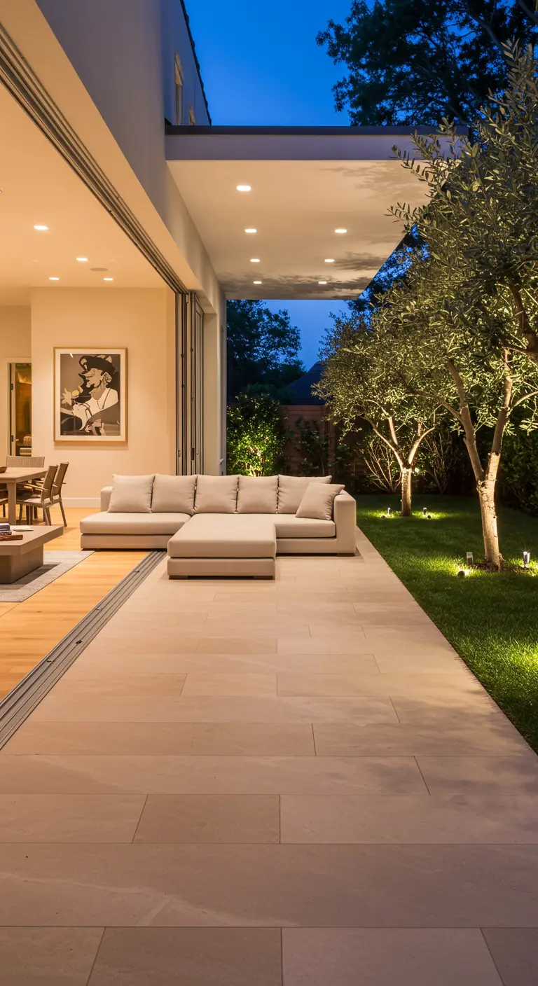Transición fluida entre un salón moderno y un patio con un gran sofá beige y olivos iluminados