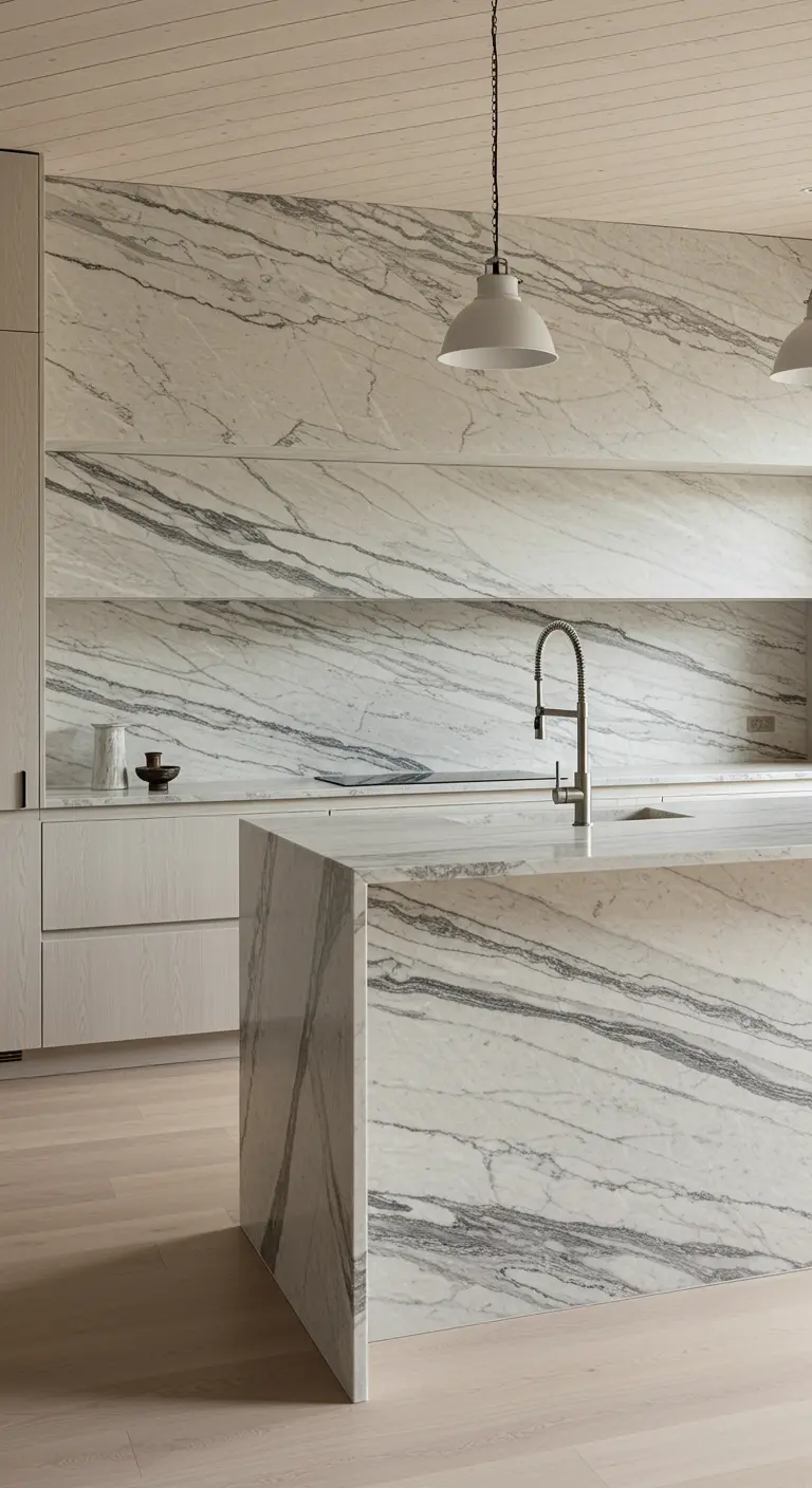 Cocina de lujo con una gran isla y salpicadero de mármol blanco con vetas grises