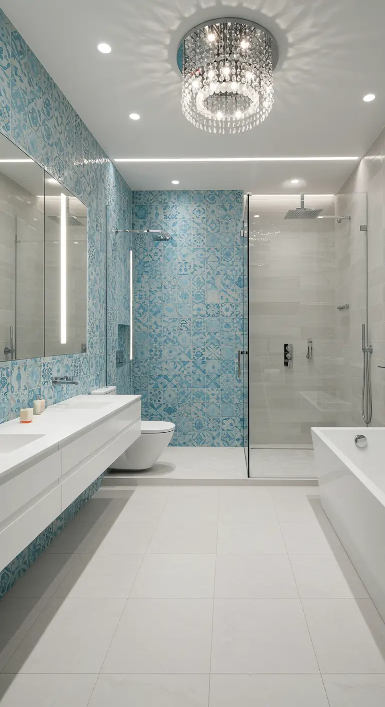 Baño moderno con pared de azulejos de mosaico azul y blanco, y lámpara de cristal