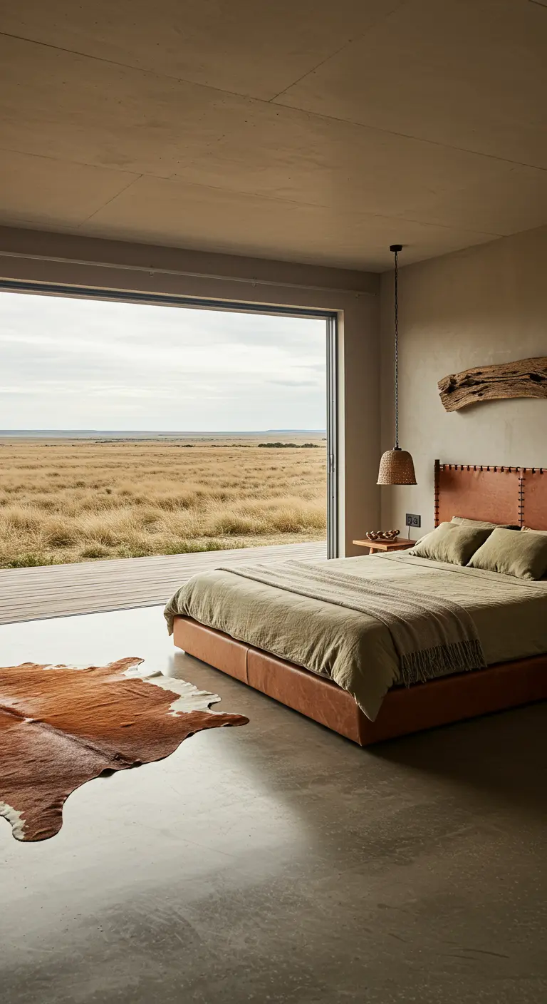 Dormitorio con vistas panorámicas a la sabana, cama de cuero y alfombra de piel de vaca.