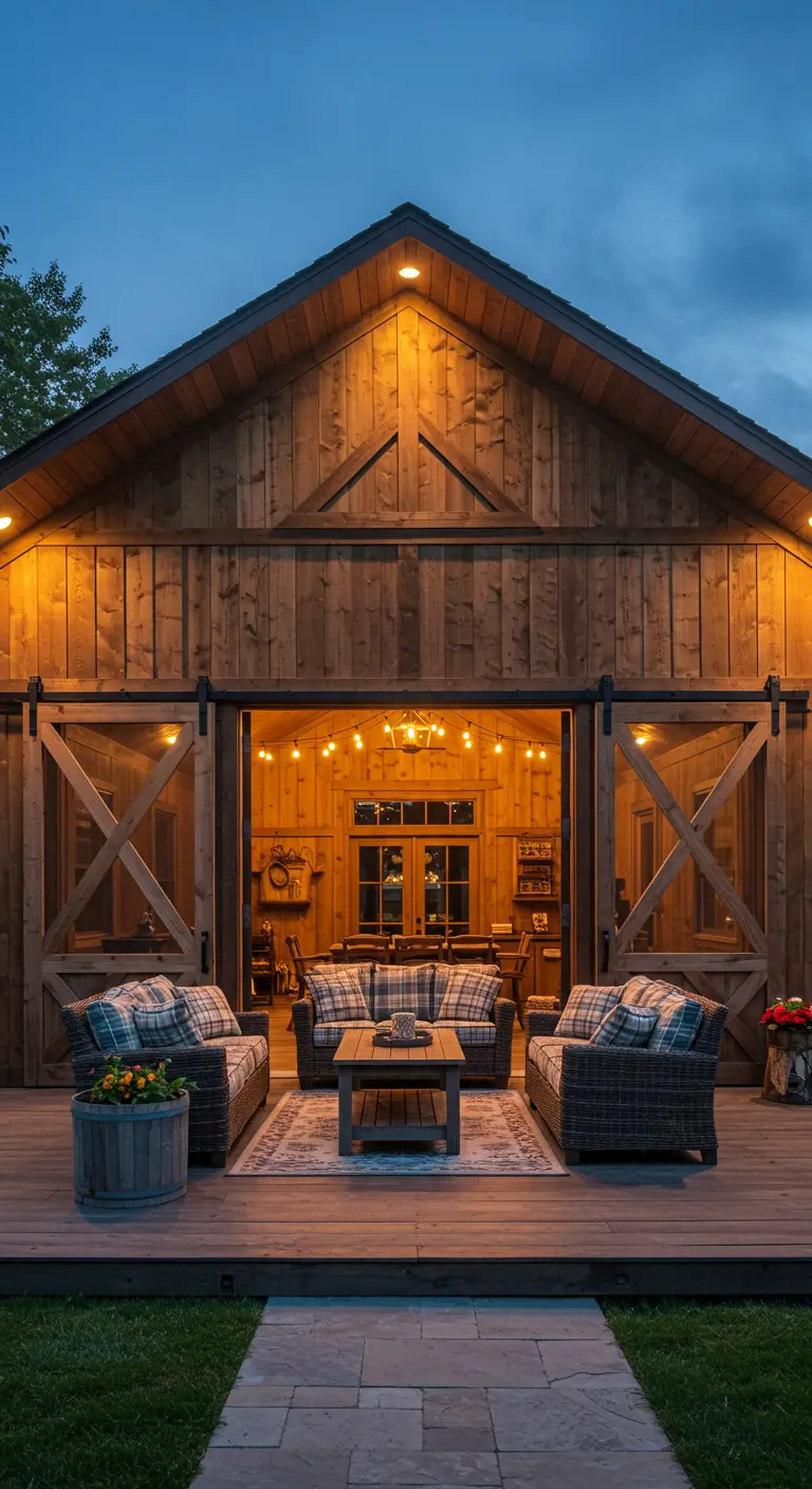 Gran porche de madera abierto a un salón con sofás y una alfombra, iluminado con guirnaldas.