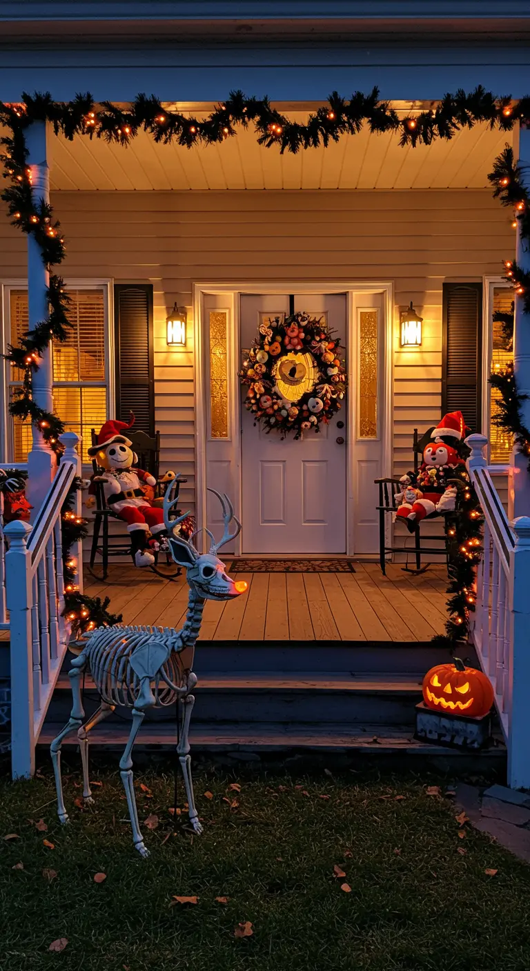 Porche con temática de Pesadilla Antes de Navidad, con un reno esqueleto y luces naranjas.