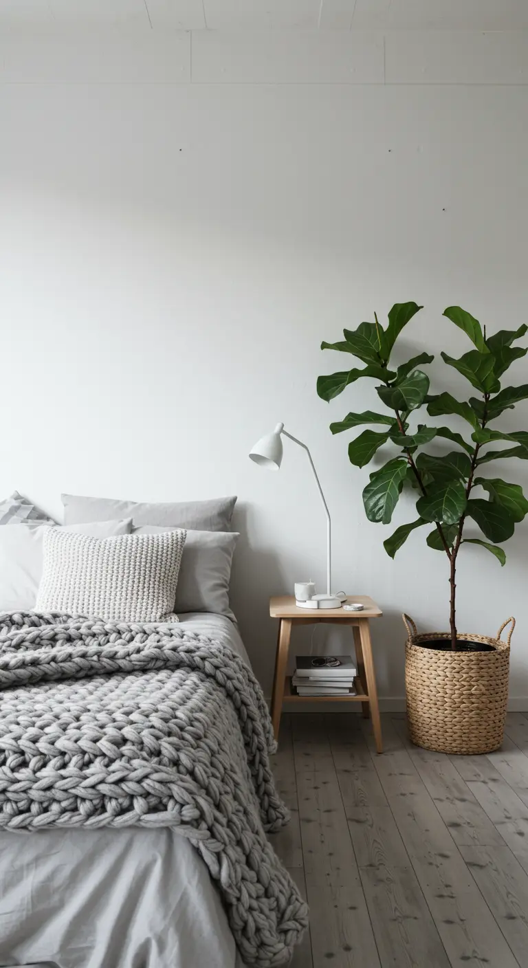 Dormitorio de estilo Japandi con manta de punto grueso y una gran planta de Ficus Lyrata.