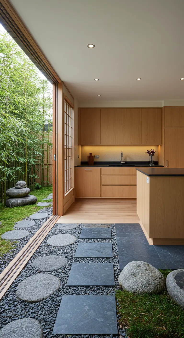 Cocina de madera que se abre a un jardín japonés con bambú y piedras
