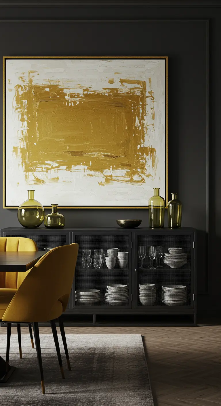 Comedor oscuro con un gran cuadro abstracto en tonos mostaza y sillas de terciopelo a juego.