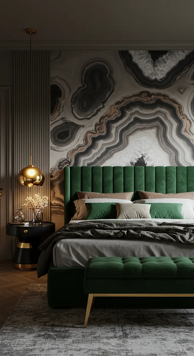 Dormitorio de lujo con papel pintado de ágata, cabecero de terciopelo verde y detalles dorados.