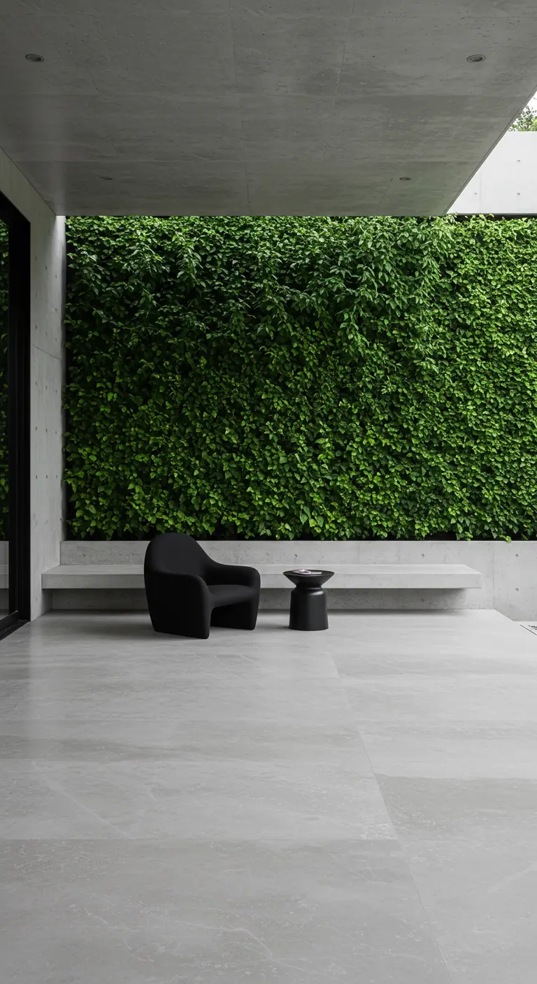 Espacio minimalista de hormigón con una pared completamente cubierta de hiedra verde.