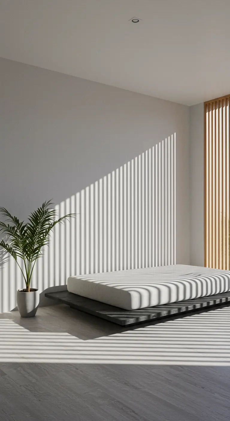 Dormitorio minimalista blanco donde la luz del sol crea un patrón de sombras a través de persianas.