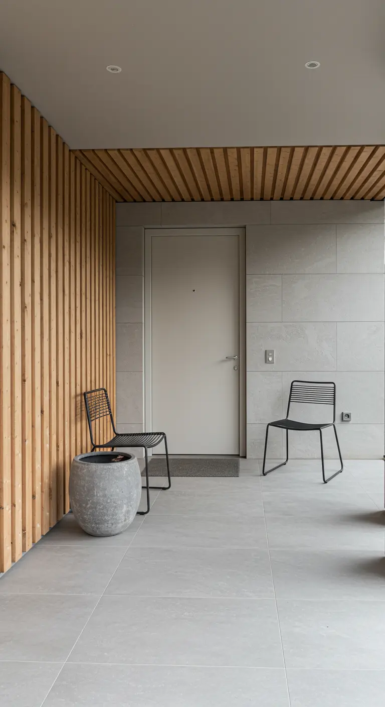 Entrada minimalista con pared de listones de madera, suelo de baldosas grises y sillas de alambre negro.