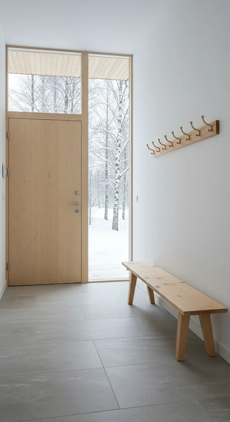 Entrada con gran ventana a un paisaje nevado, banco de madera y perchero.