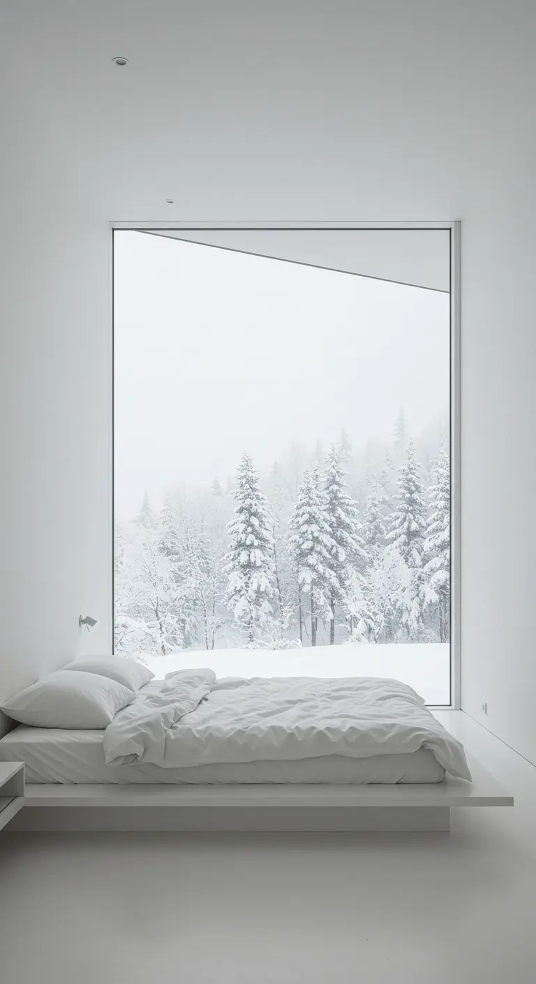 Dormitorio minimalista totalmente blanco con una cama baja frente a un ventanal con vistas a un bosque nevado.
