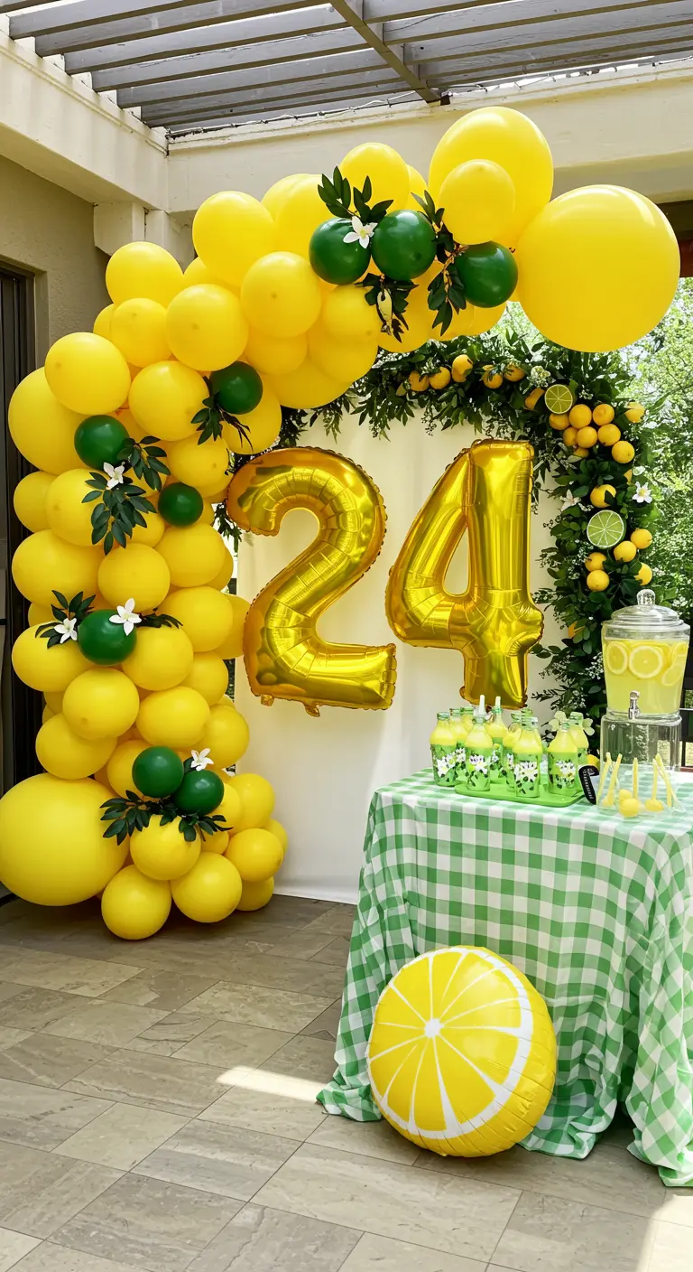 Arco de globos amarillos y verdes con limones para un cumpleaños número 24, tema limonada.