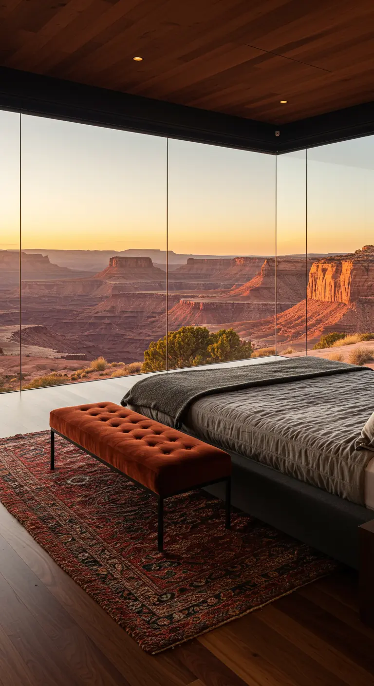 Dormitorio con ventanales gigantes con vistas a un cañón del desierto al atardecer