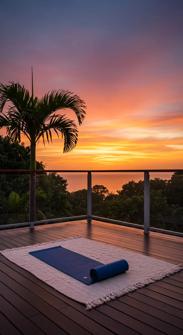 Balcón con barandilla de cristal y vistas a un atardecer tropical sobre el mar.