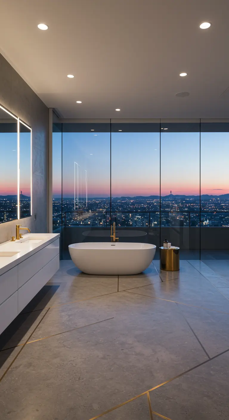 Baño minimalista con grandes ventanales que ofrecen una vista panorámica de la ciudad al atardecer.