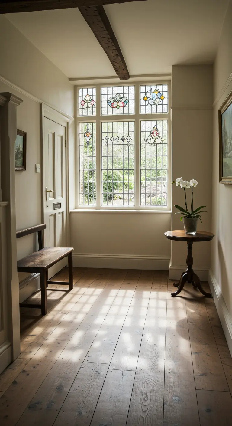 Entrada luminosa con grandes ventanas con vidrieras, un banco de madera y una orquídea.