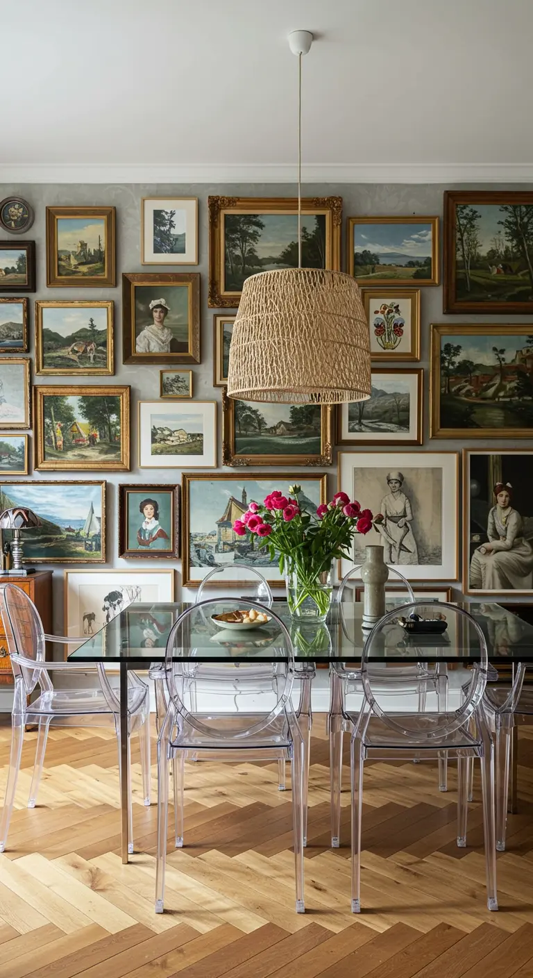 Comedor tradicional con pared de cuadros clásicos y una lámpara de mimbre rústica.