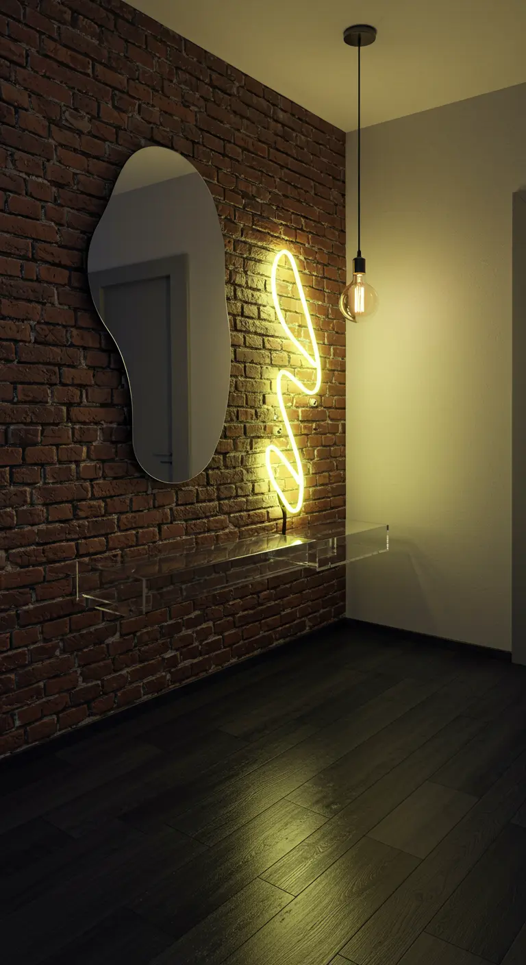 Rincón de entrada con pared de ladrillo, espejo orgánico, neón amarillo y estante acrílico.