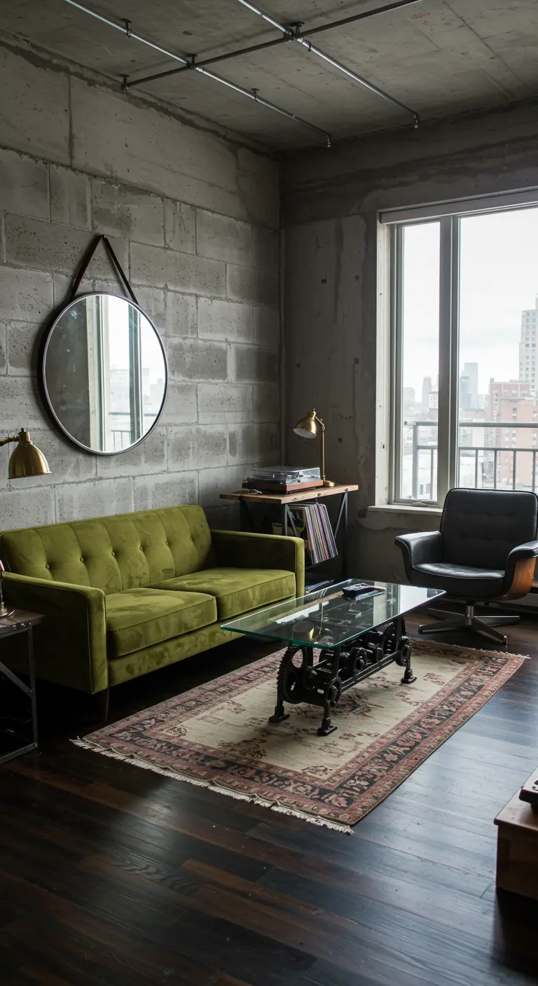 Salón industrial con pared de bloques de hormigón y sofá de terciopelo verde.