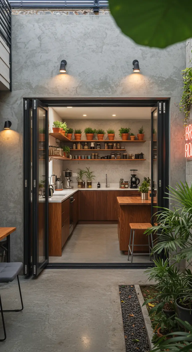 Cocina industrial abierta a un patio con paredes de hormigón y muchas plantas en estantes.