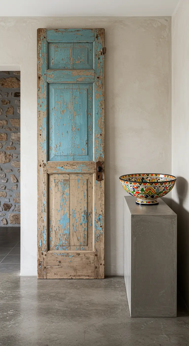 Puerta de madera antigua y decapada utilizada como elemento decorativo junto a un cuenco de cerámica.