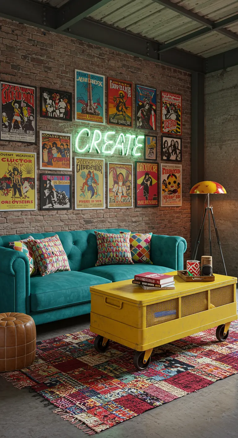 Salón industrial ecléctico con un sofá turquesa, mesa amarilla y pósteres de rock.