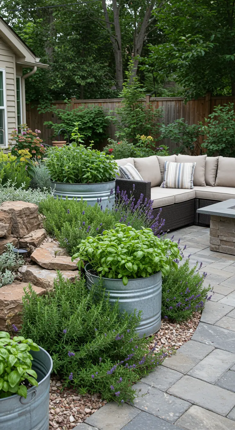 Patio con grandes cubos de zinc galvanizado utilizados como maceteros para hierbas aromáticas