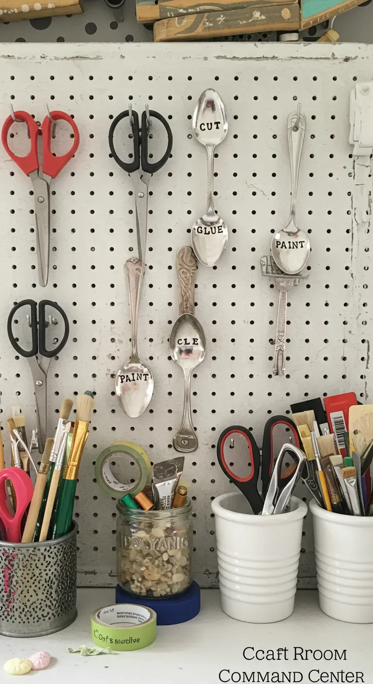 Cucharas de plata con palabras estampadas, usadas como ganchos en un panel perforado de un cuarto de manualidades.